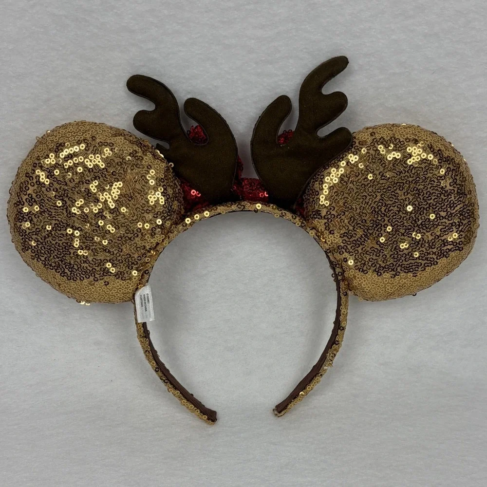 Disney Parks Minnie Mouse Reindeer Headband Gold Red Sequin Holiday Ears Antlers